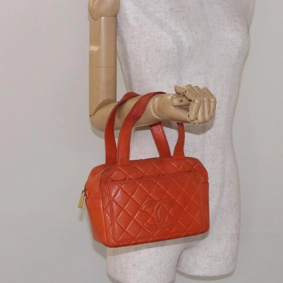 CHANEL Matelasse Hand Bag Lamb Skin Orange Gold CC Auth 133092 - Picture 15 of 16